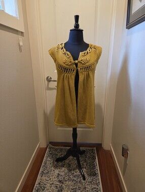 Vintage Fever Mustard Braided-Trim Open-Front Knit Vest